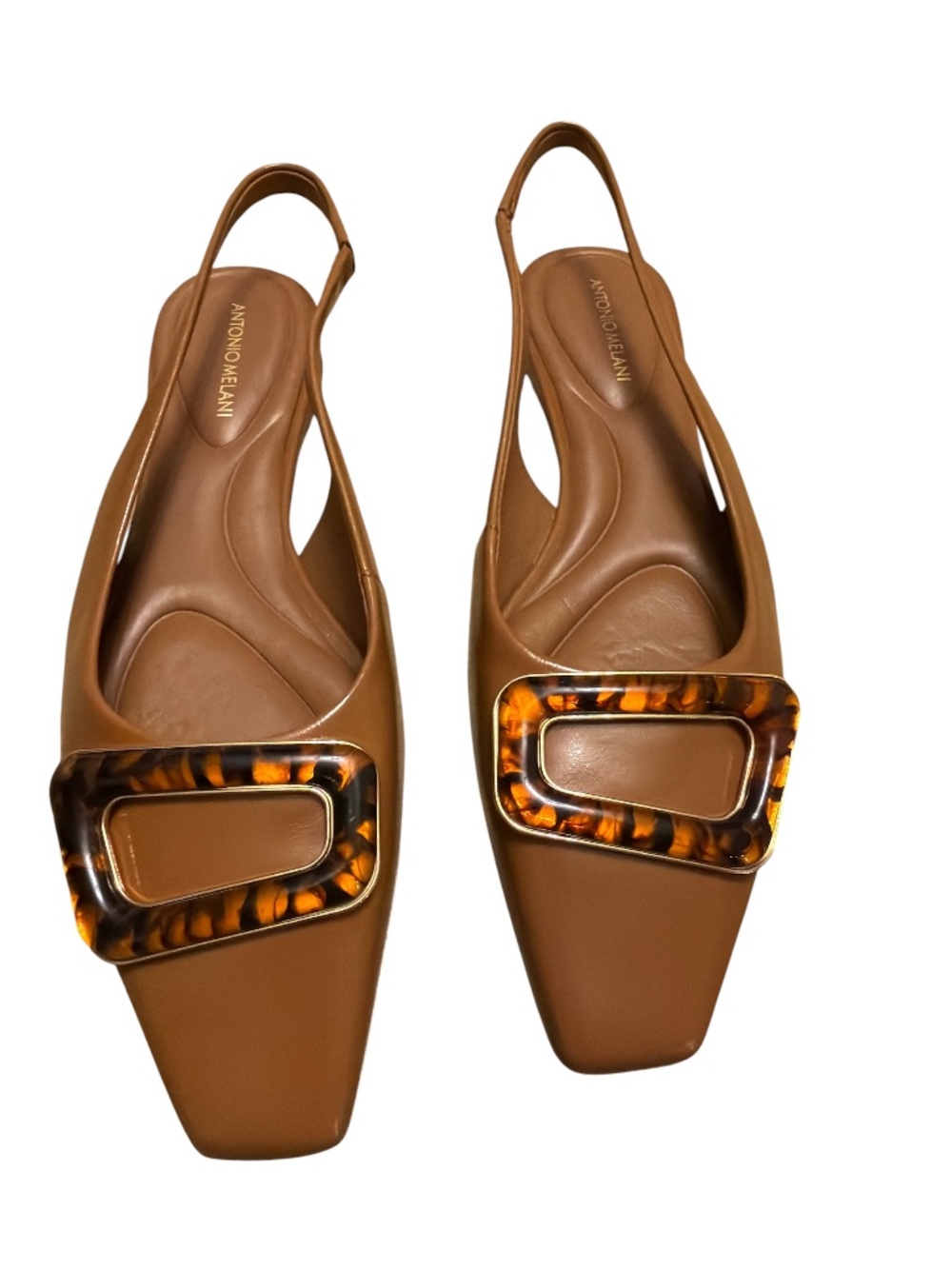 Antonio Melani NWOB Cognac Leather Slingback Flats Tortoise Buckle 7M